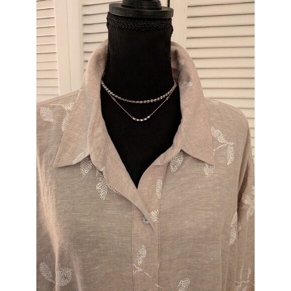 Susan Graver Shirt Women's 3X Beige White Floral Linen Blend Top Blouse Coastal - Picture 2 of 11